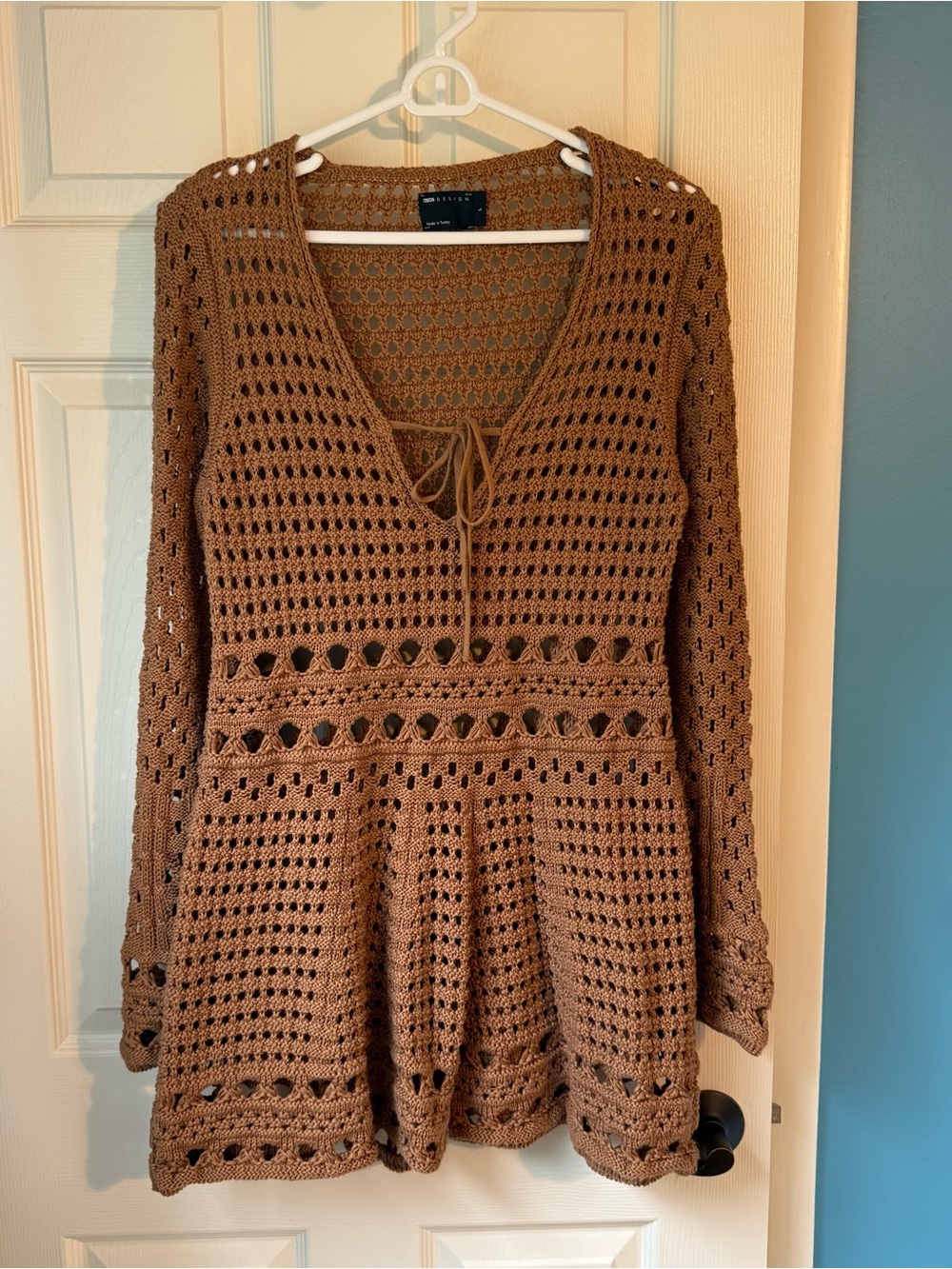 ASOS Brown/Toffee Crochet Tie-Front V-Neck Tunic, L